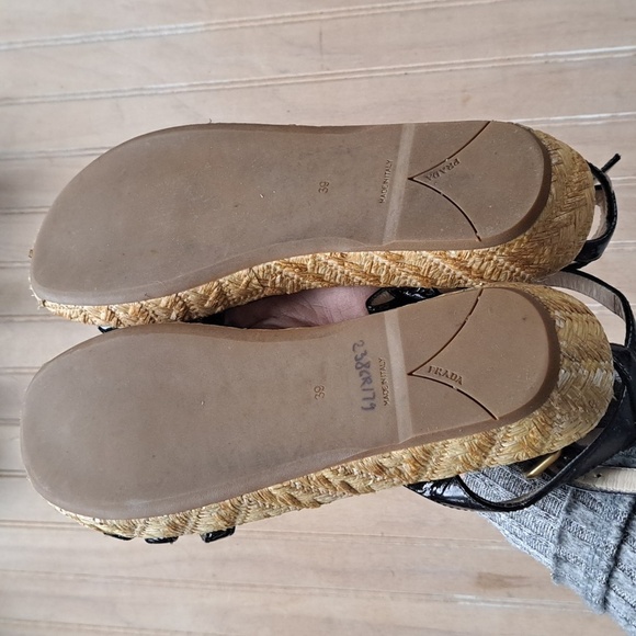 PRADA Black Patent Leather Espadrille Designer Platform Classy Strap Sandals - Picture 8 of 12
